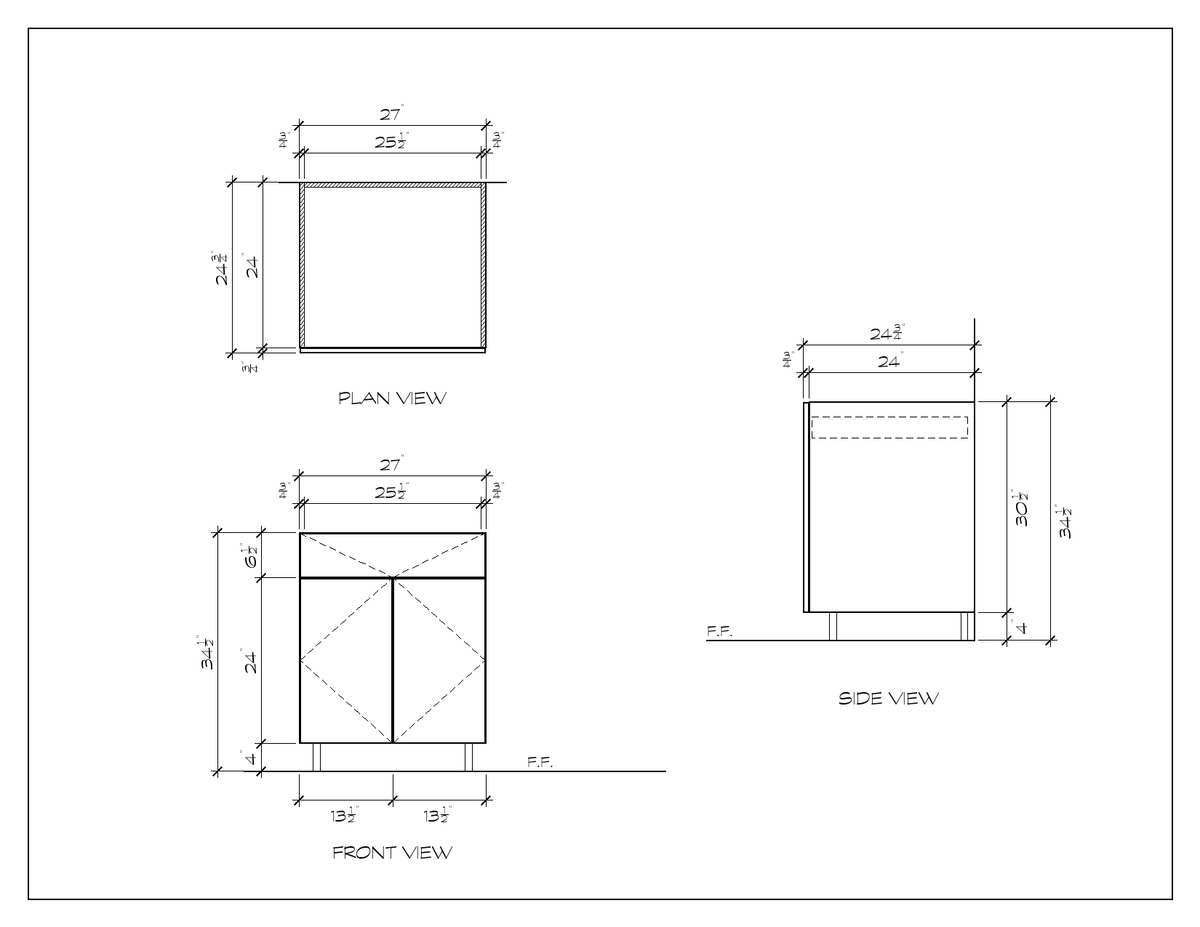 27" Drawer-over-Door Base Cabinet, flat slab, dimension drawing