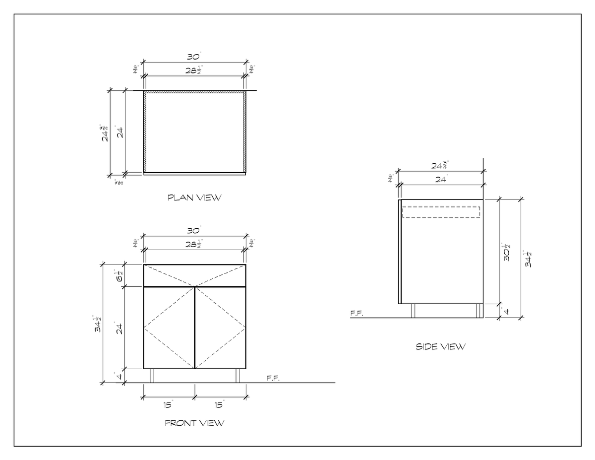 30" Drawer-over-Door Base Cabinet, flat slab, dimension drawing