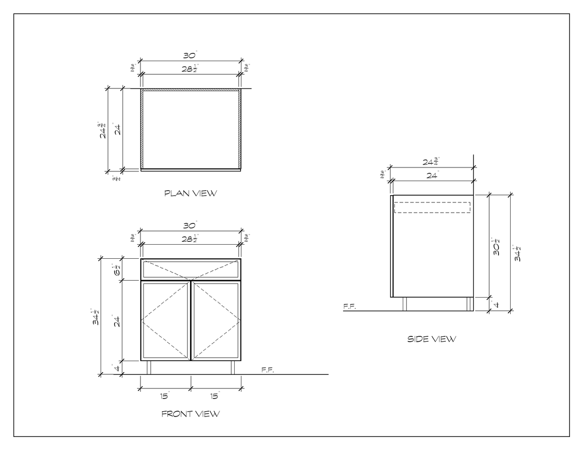 30" Drawer-over-Door Base Cabinet, slim shaker, dimension drawing