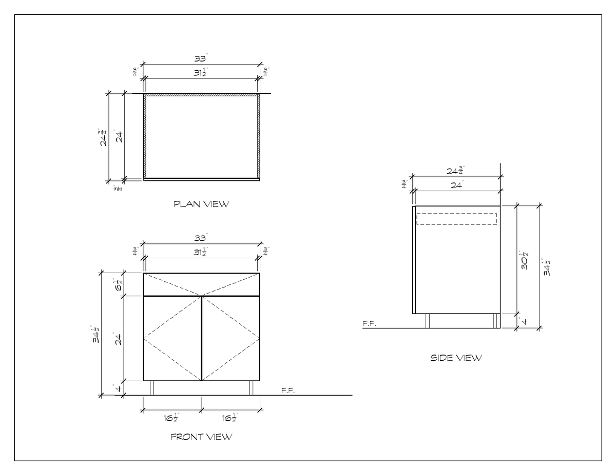 33" Drawer-over-Door Base Cabinet, flat slab, dimension drawing