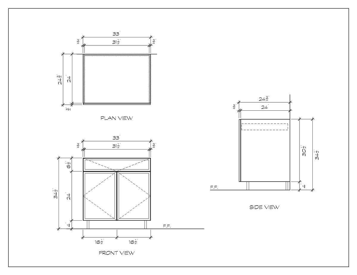 33" Drawer-over-Door Base Cabinet, slim shaker, dimension drawing