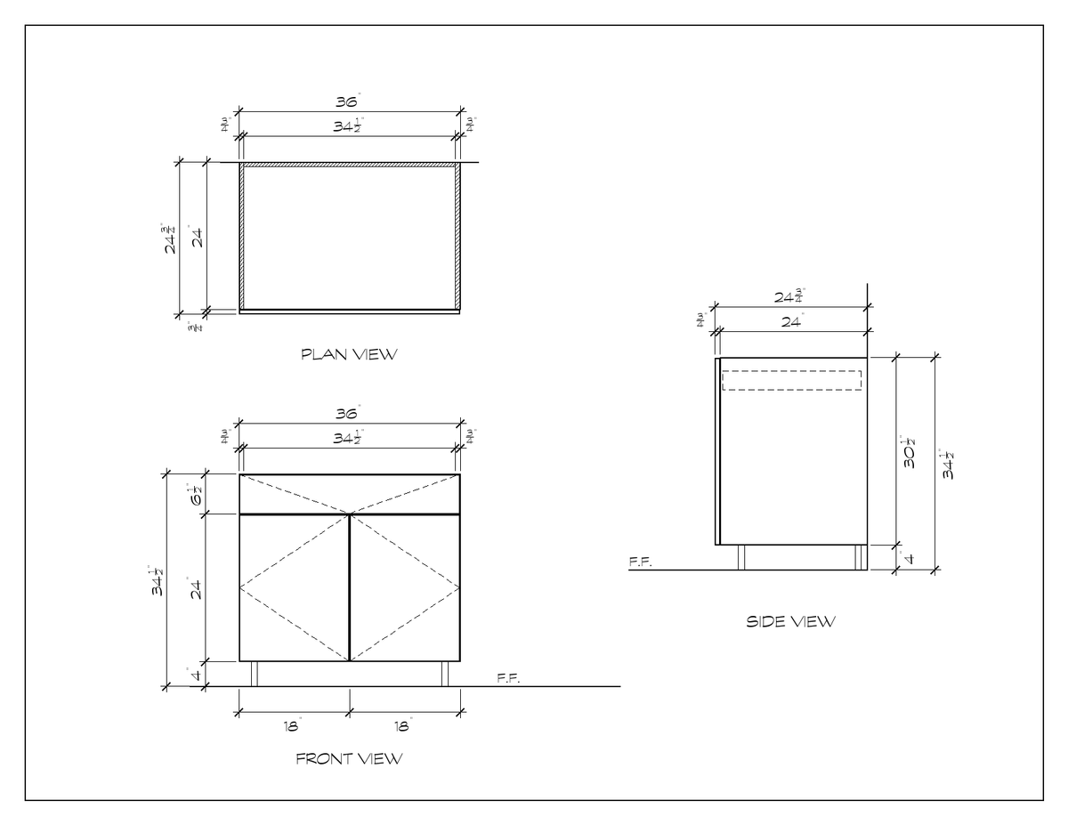 36" Drawer-over-Door Base Cabinet, flat slab, dimension drawing