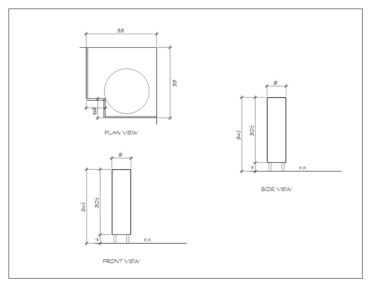 33" Lazy Susan Corner Base, flat slab, dimension drawing