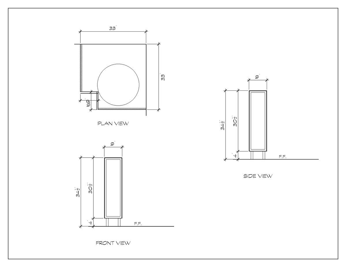 33" Lazy Susan Corner Base, slim shaker, dimension drawing
