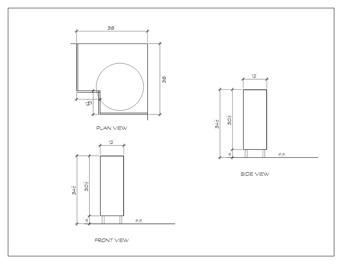 36" Lazy Susan Corner Base, flat slab, dimension drawing