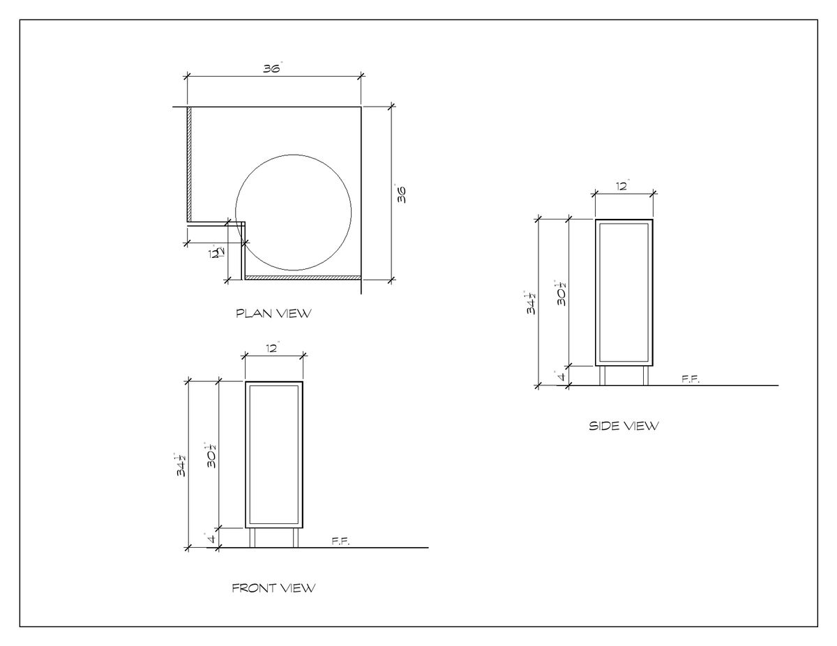 36" Lazy Susan Corner Base, slim shaker, dimension drawing