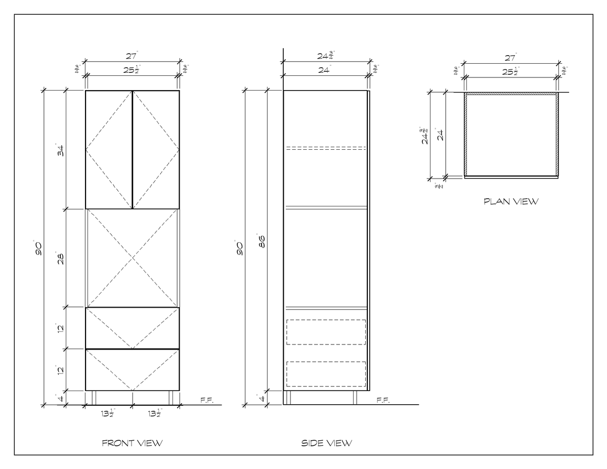 27" x 90" Oven Tower, flat slab, dimension drawing