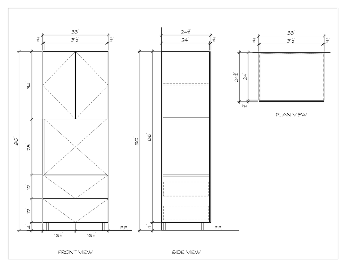 33" x 90" Oven Tower, flat slab, dimension drawing