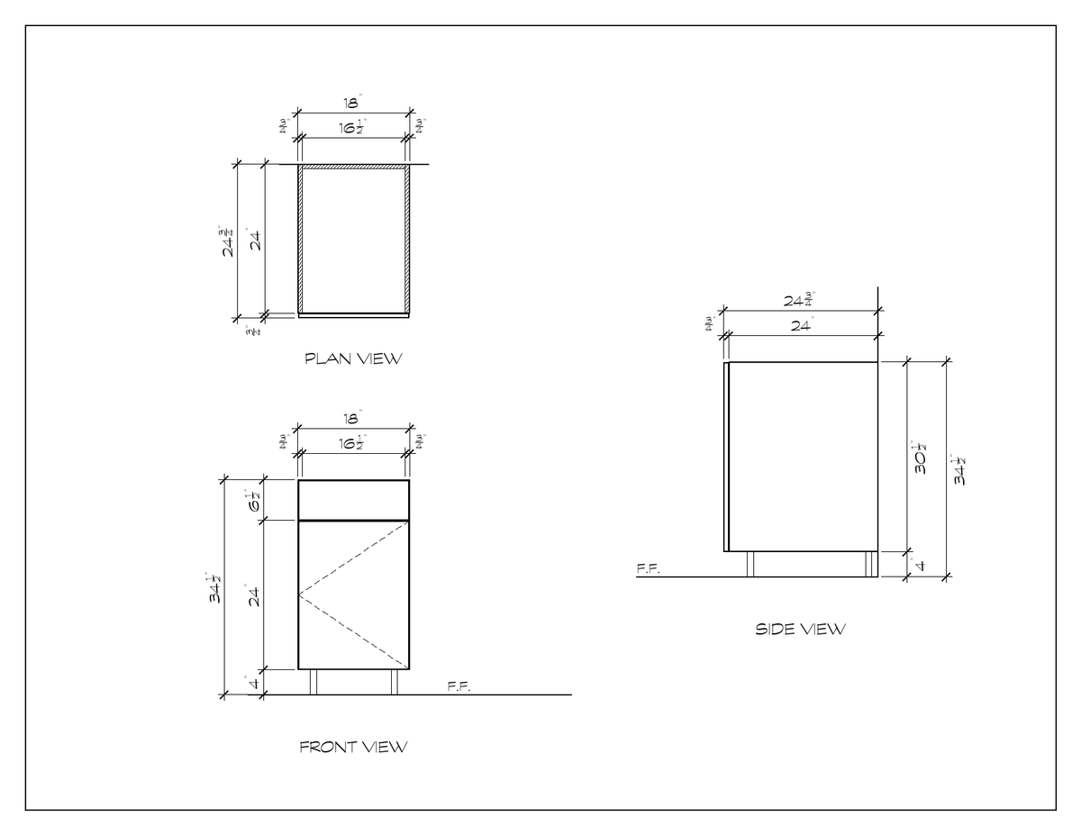 18" Sink Base Cabinet, flat slab, dimension drawing