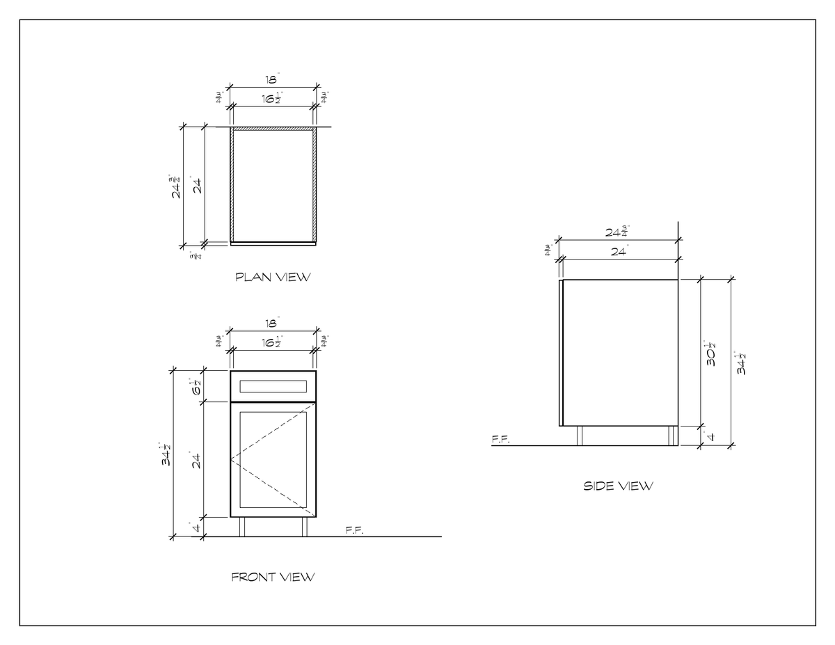 18" Sink Base Cabinet, sharp shaker, dimension drawing