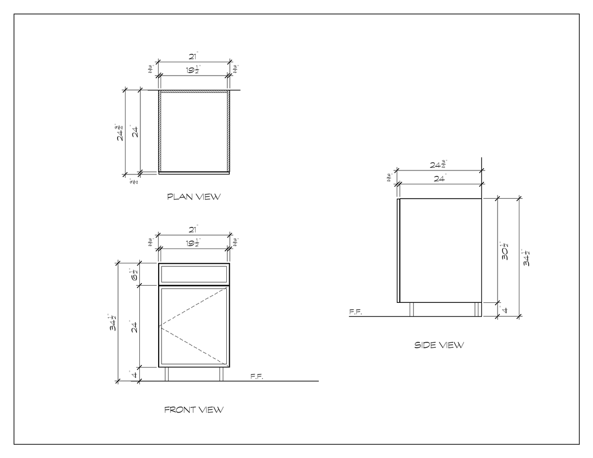 21" Sink Base Cabinet, slim shaker, dimension drawing