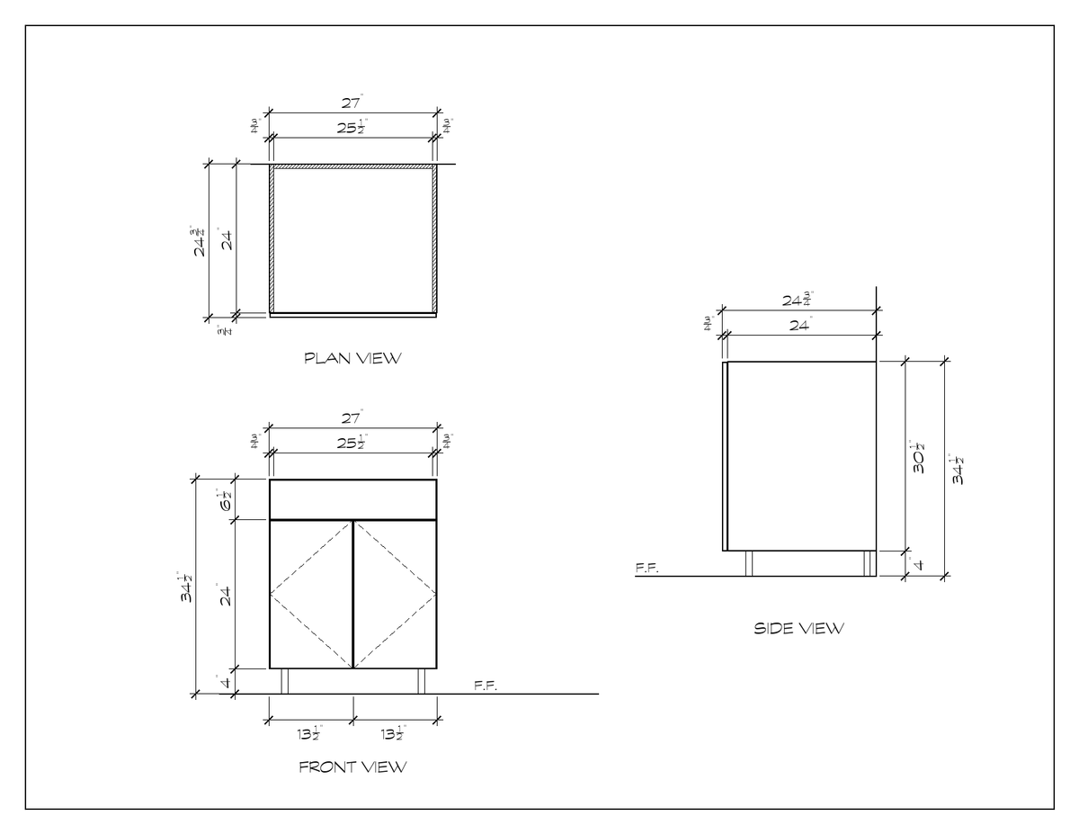 27" Sink Base Cabinet, flat slab, dimension drawing