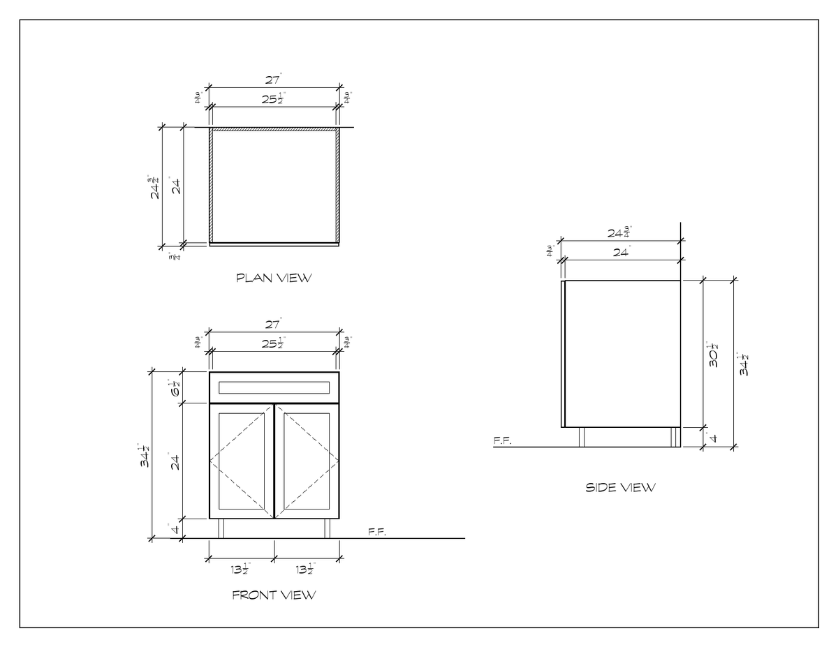 27" Sink Base Cabinet, sharp shaker, dimension drawing