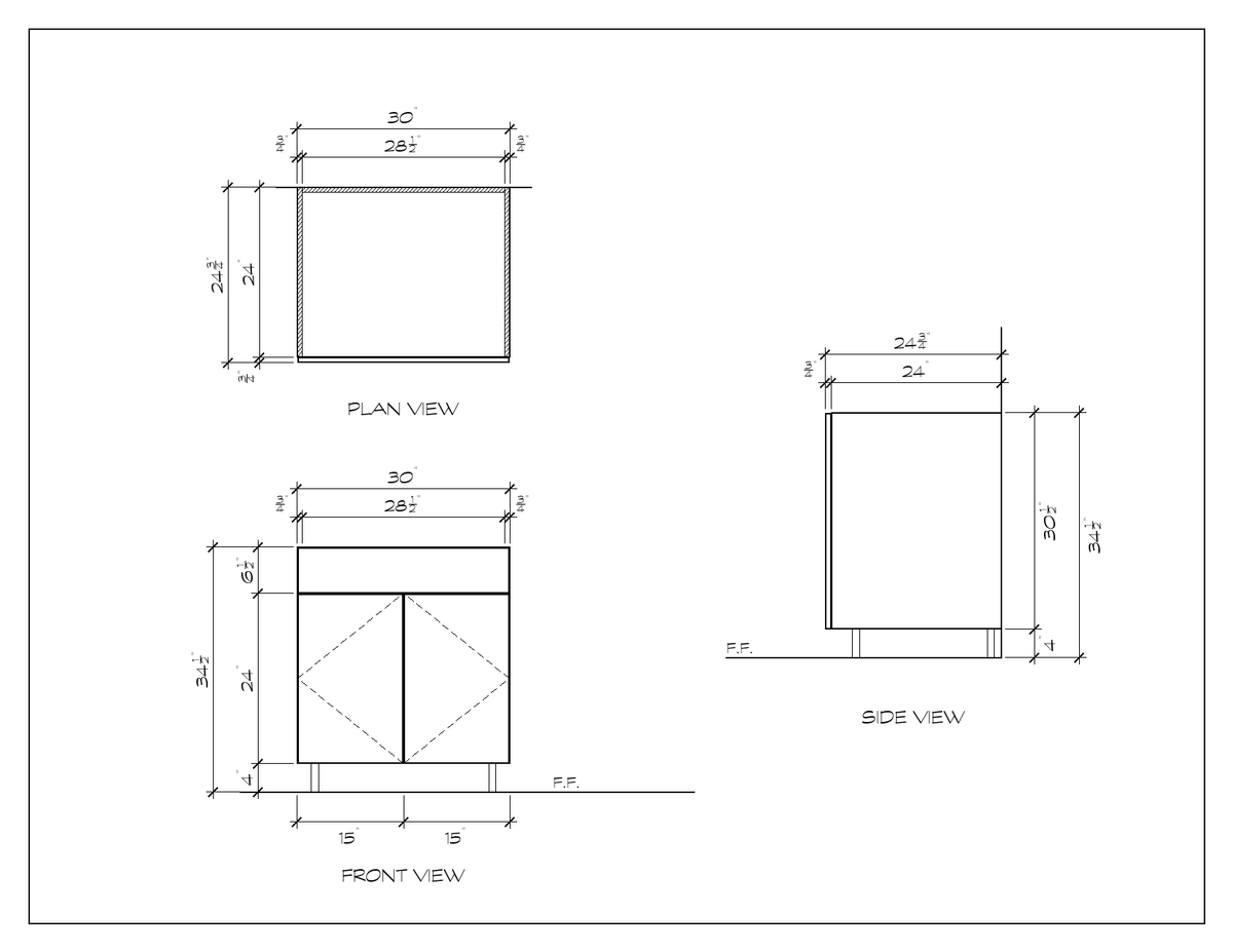 30" Sink Base Cabinet, flat slab, dimension drawing