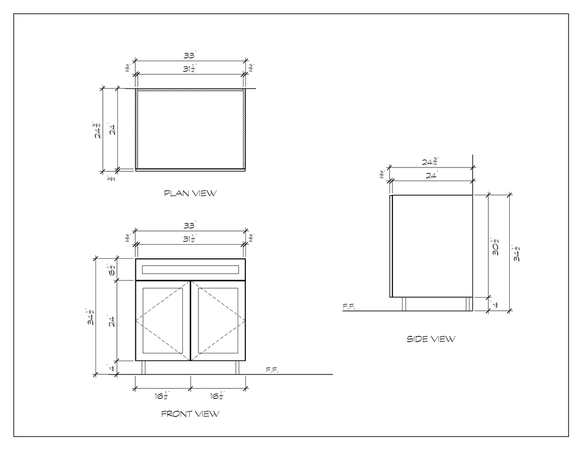 33" Sink Base Cabinet, double shaker, dimension drawing