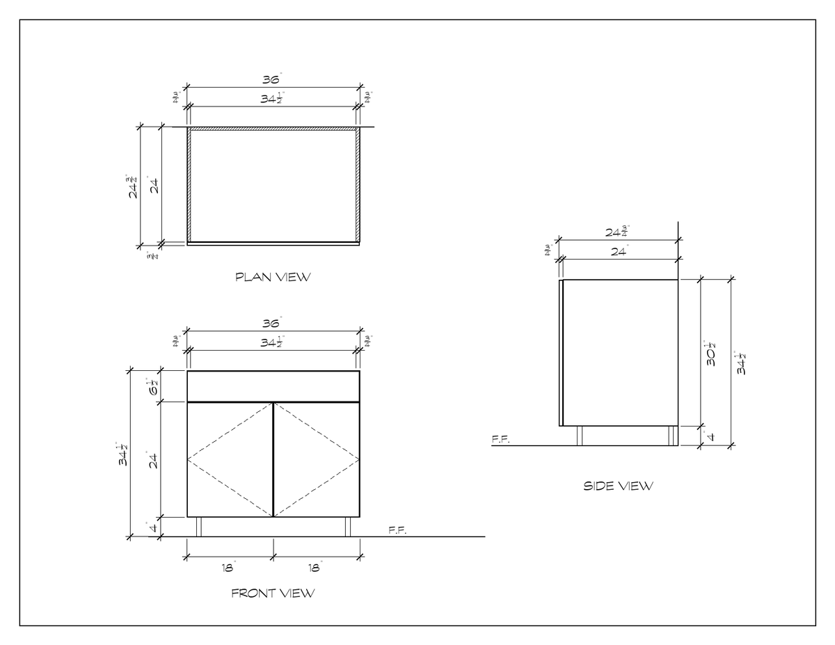 36" Sink Base Cabinet, flat slab, dimension drawing