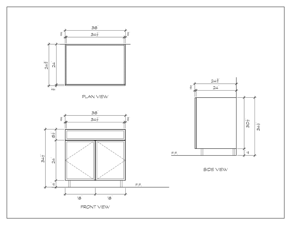 36" Sink Base Cabinet, slim shaker, dimension drawing