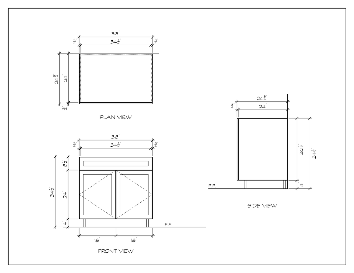 36" Sink Base Cabinet, sharp shaker, dimension drawing