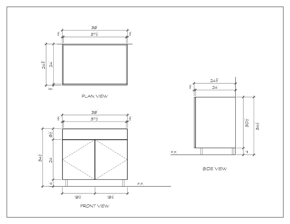 39" Sink Base Cabinet, flat slab, dimension drawing