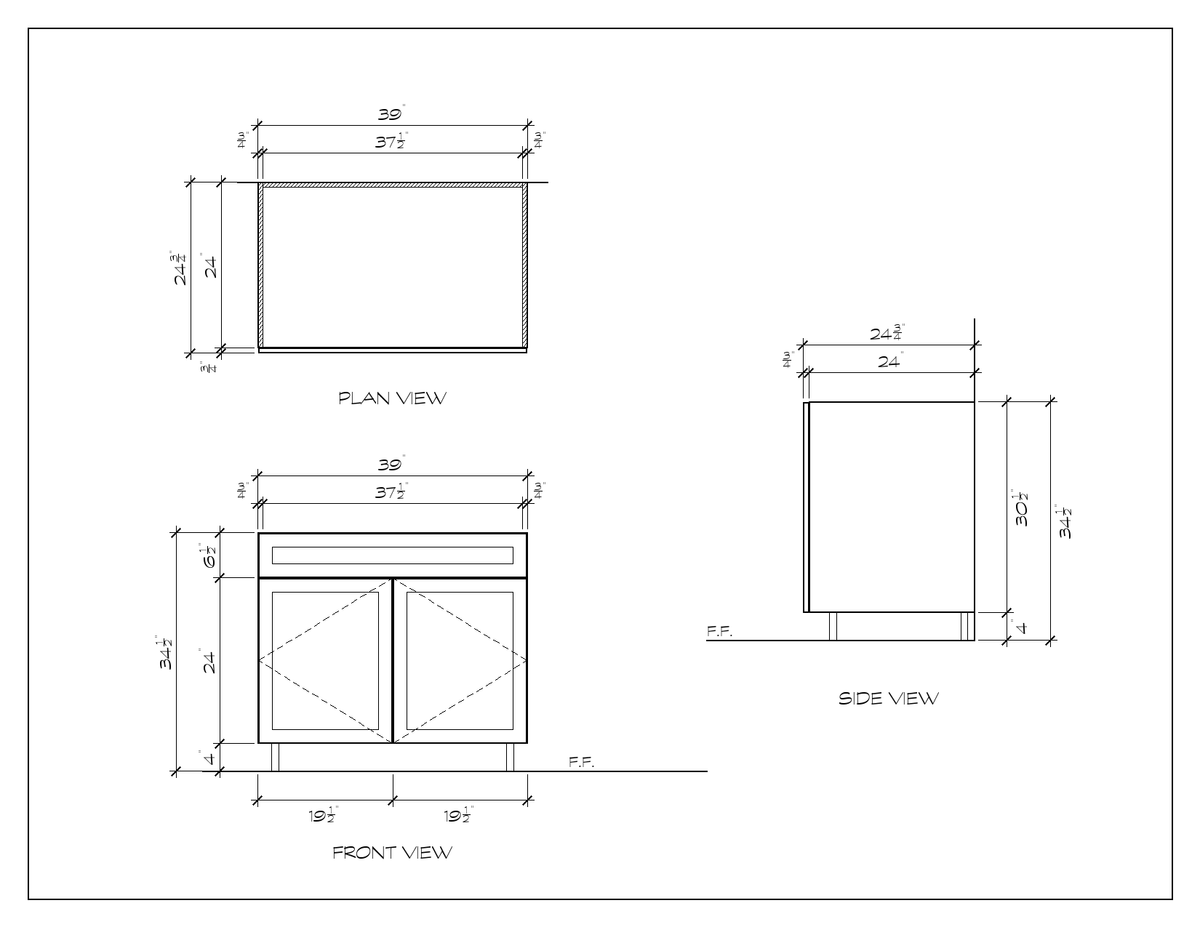 39" Sink Base Cabinet, sharp shaker, dimension drawing