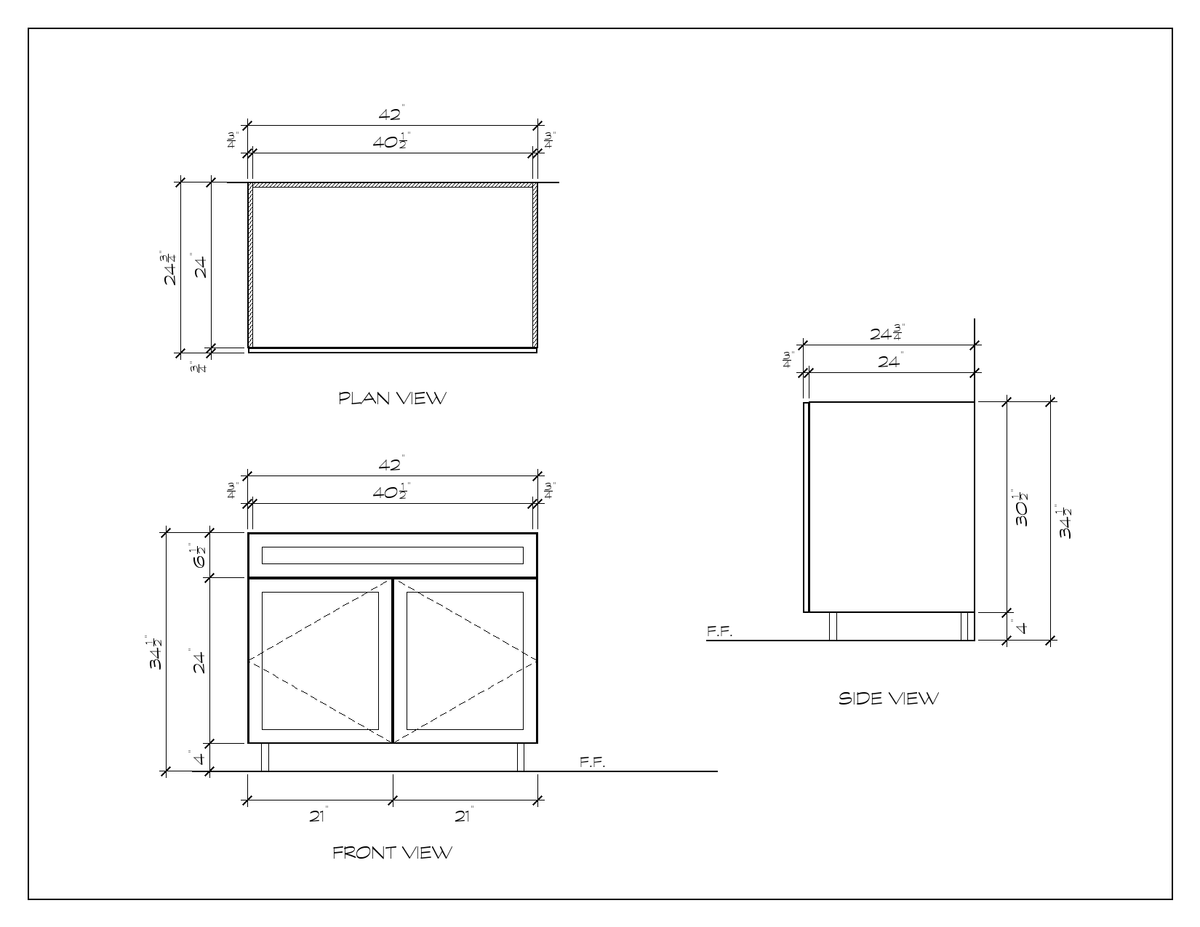 42" Sink Base Cabinet, sharp shaker, dimension drawing
