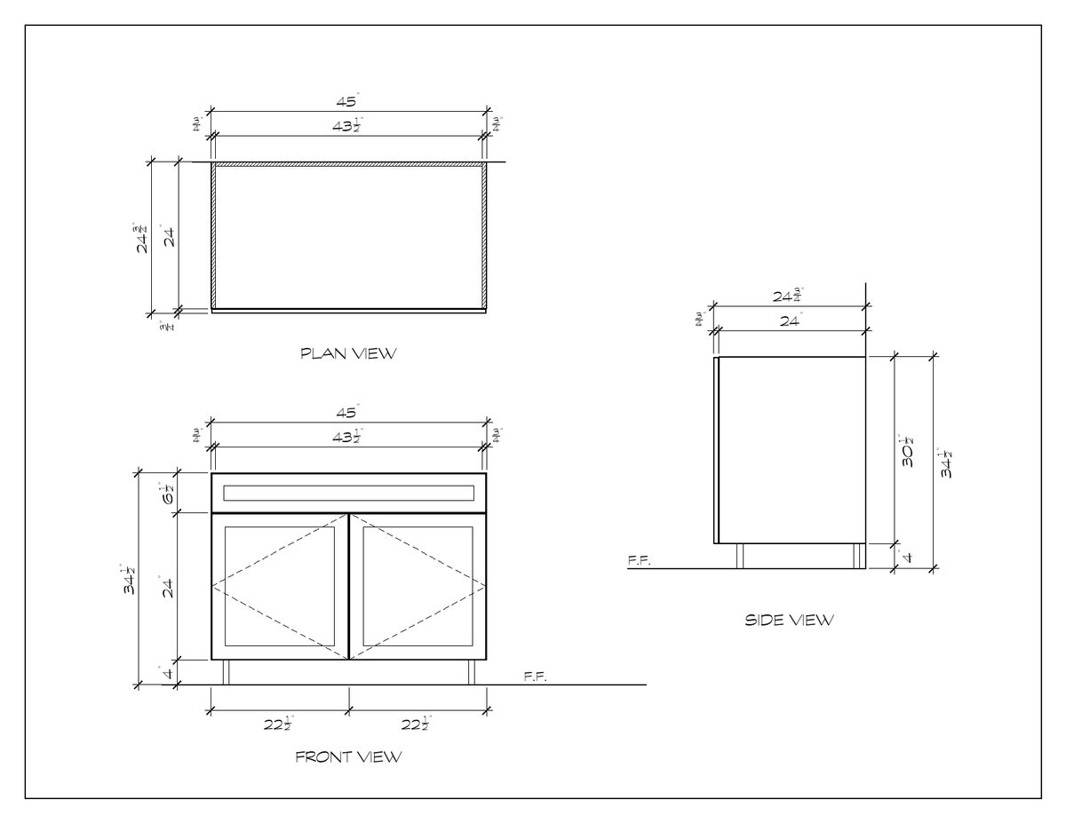 45" Sink Base Cabinet, double shaker, dimension drawing