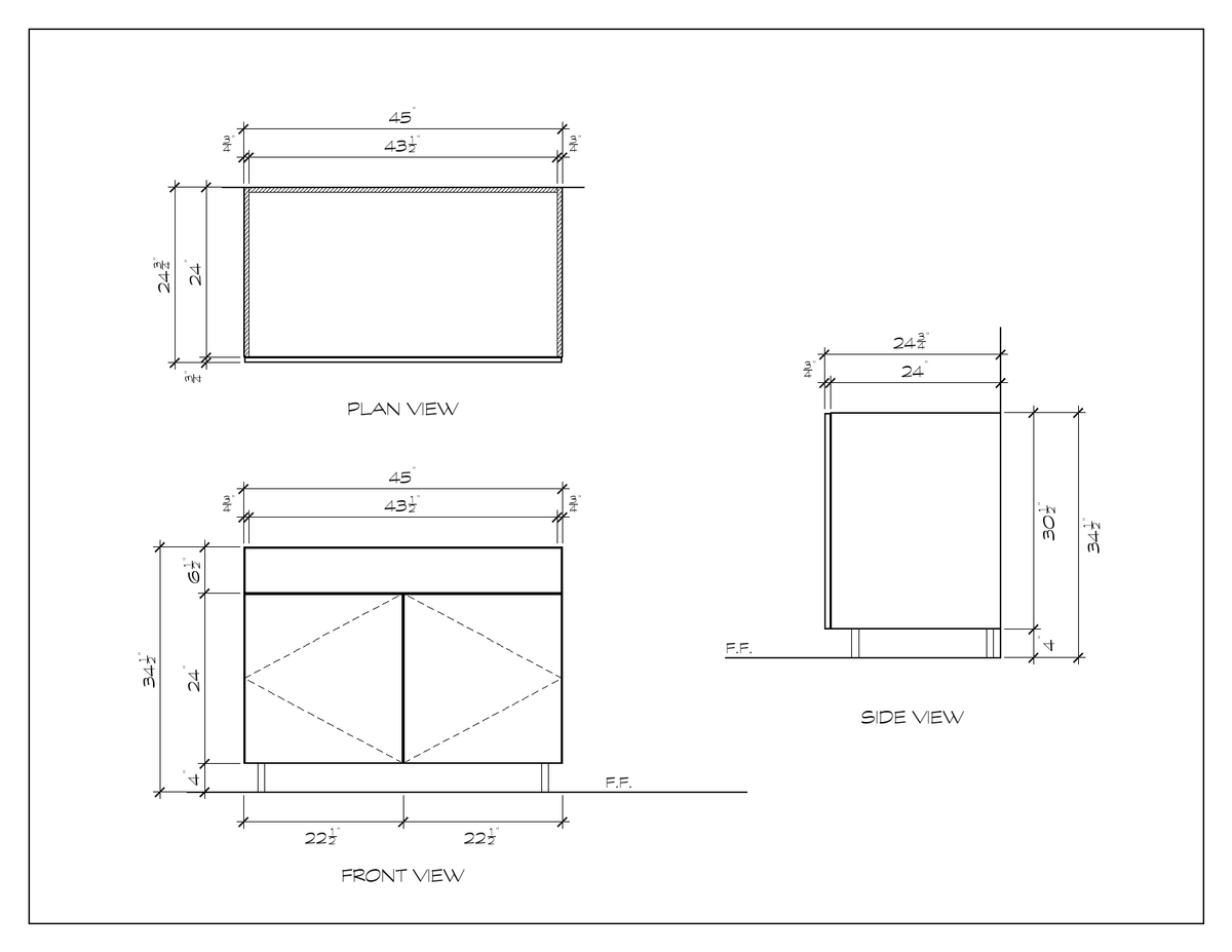 45" Sink Base Cabinet, flat slab, dimension drawing