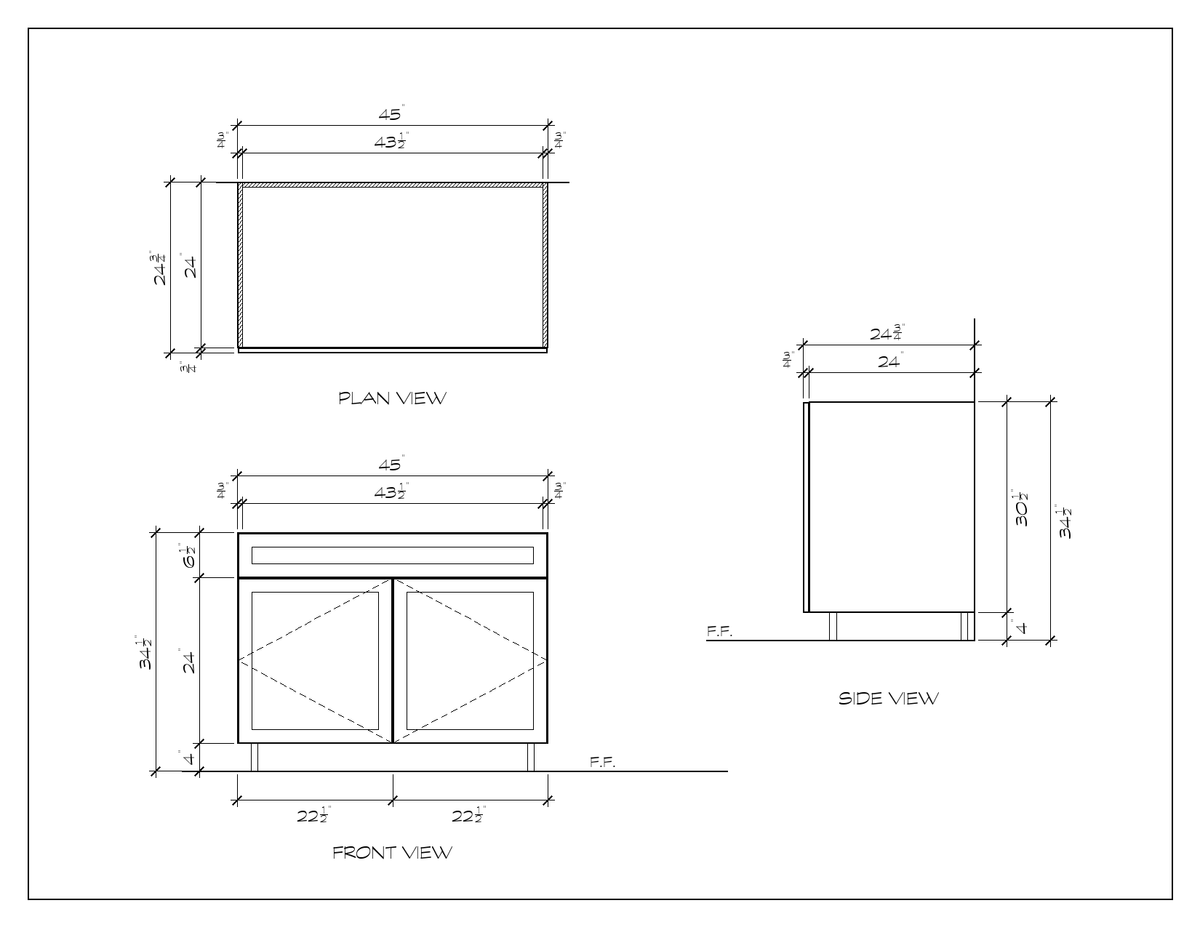 45" Sink Base Cabinet, sharp shaker, dimension drawing