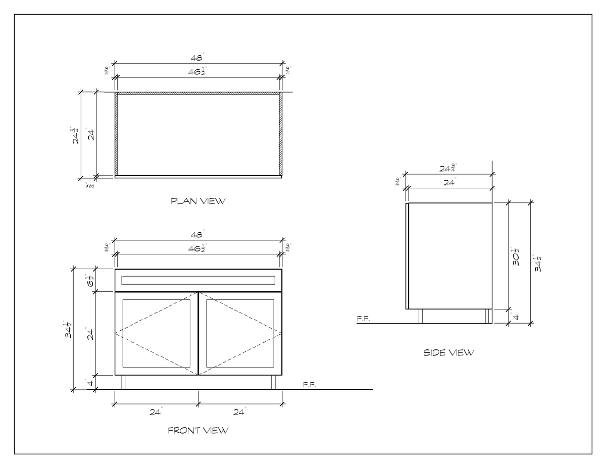 48" Sink Base Cabinet, double shaker, dimension drawing