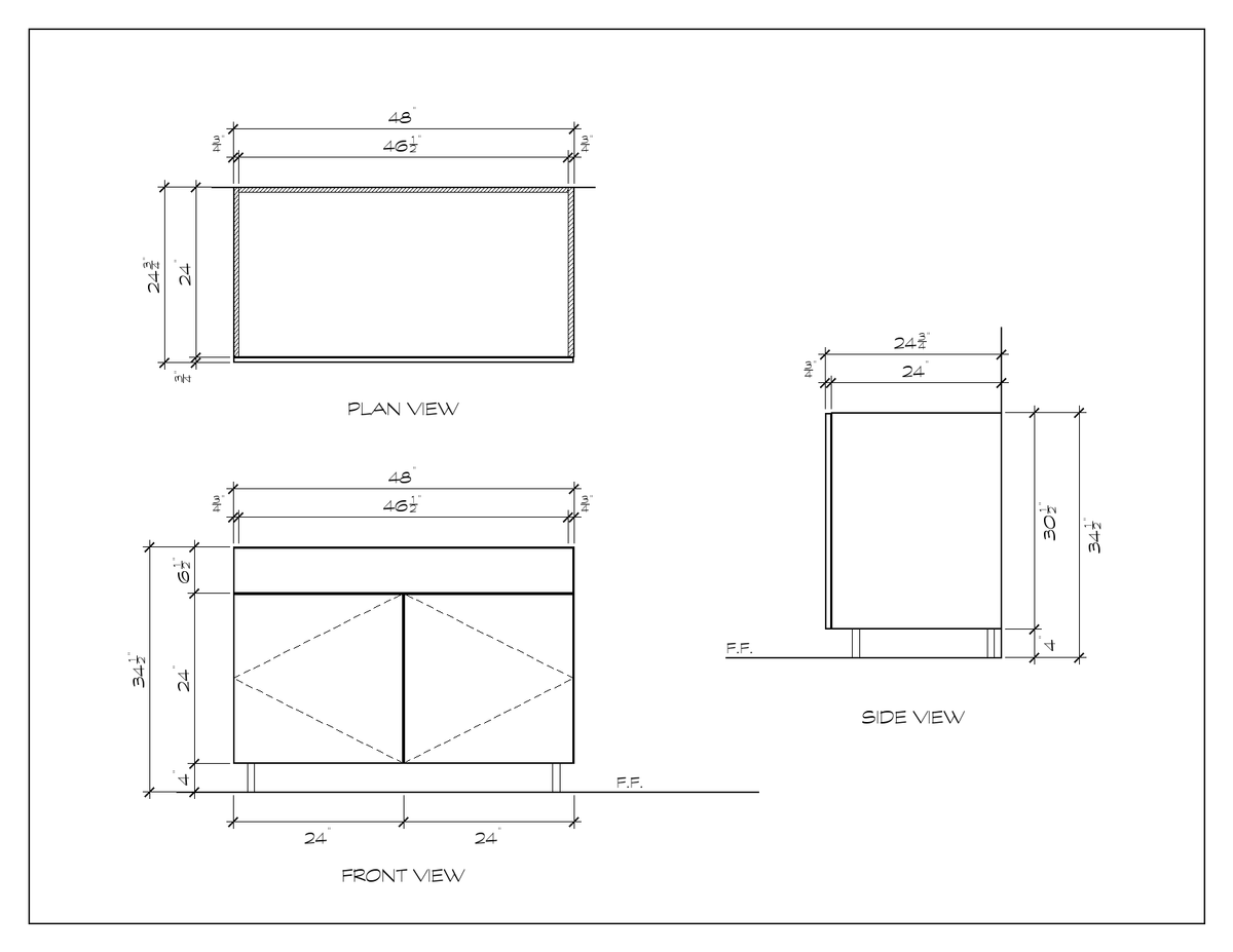 48" Sink Base Cabinet, flat slab, dimension drawing