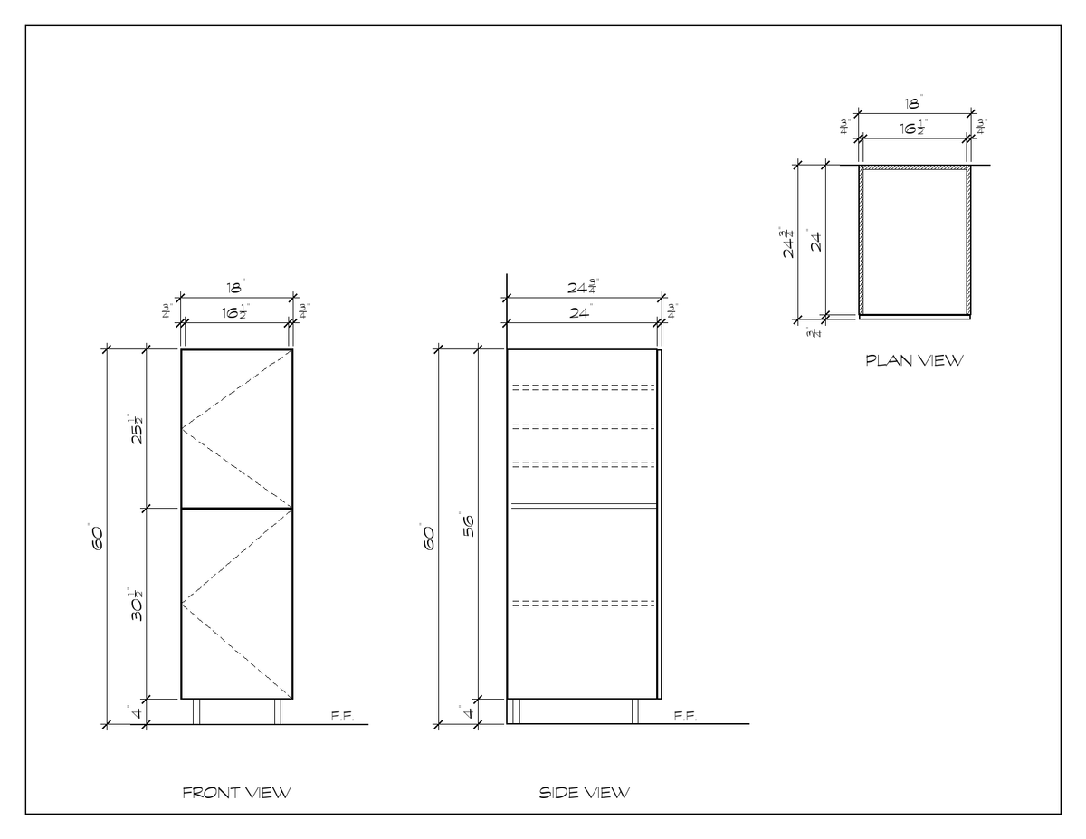 18" x 60" Pantry Cabinet, flat slab, dimension drawing