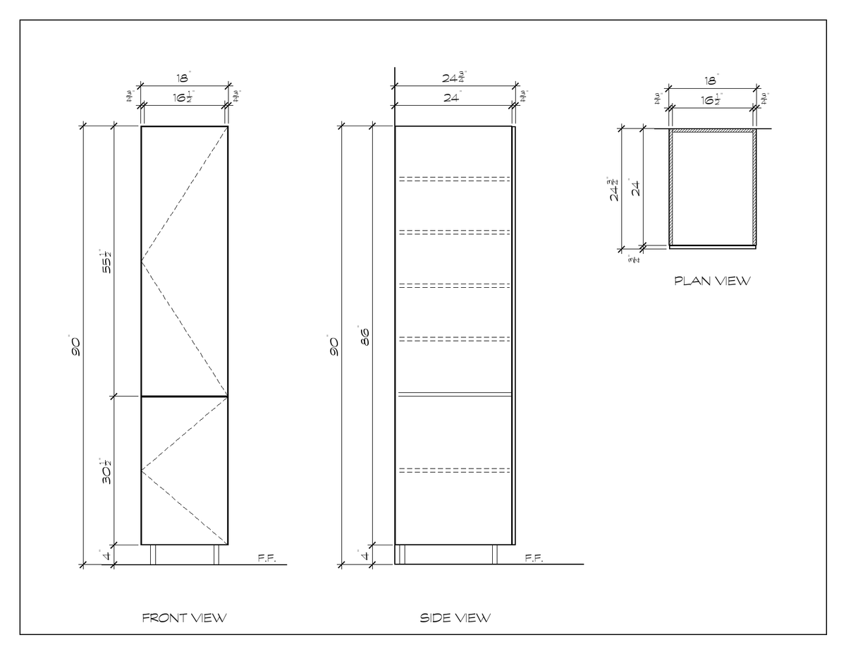 18" x 90" Pantry Cabinet, flat slab, dimension drawing