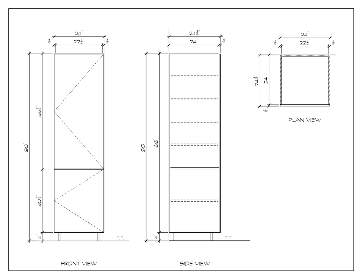 24" x 90" Pantry Cabinet, flat slab, dimension drawing