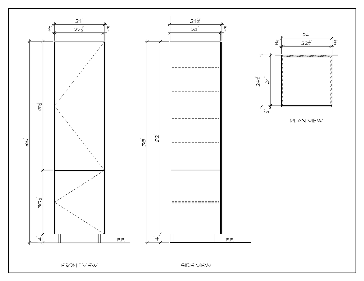 24" x 96" Pantry Cabinet, flat slab, dimension drawing