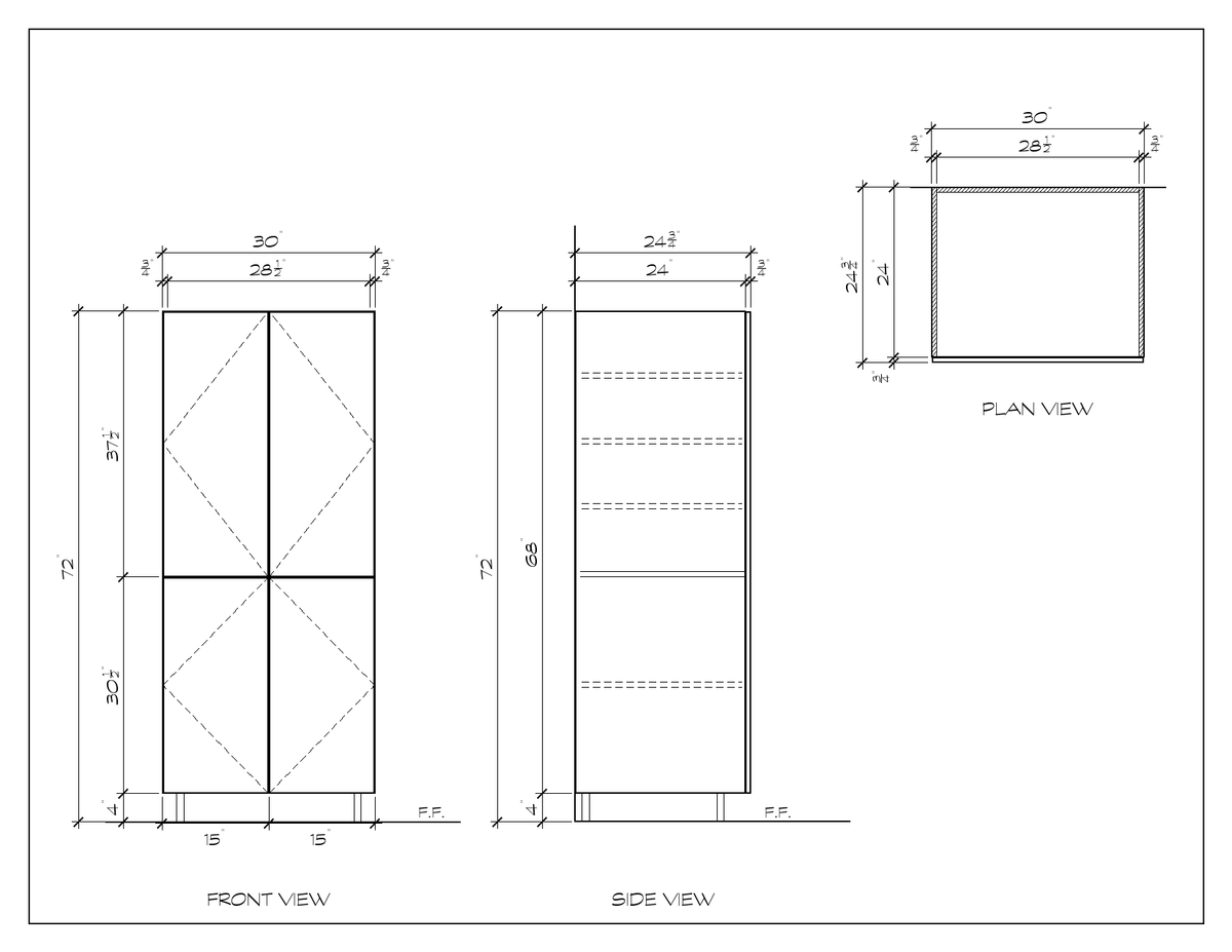 30" x 72" Pantry Cabinet, flat slab, dimension drawing