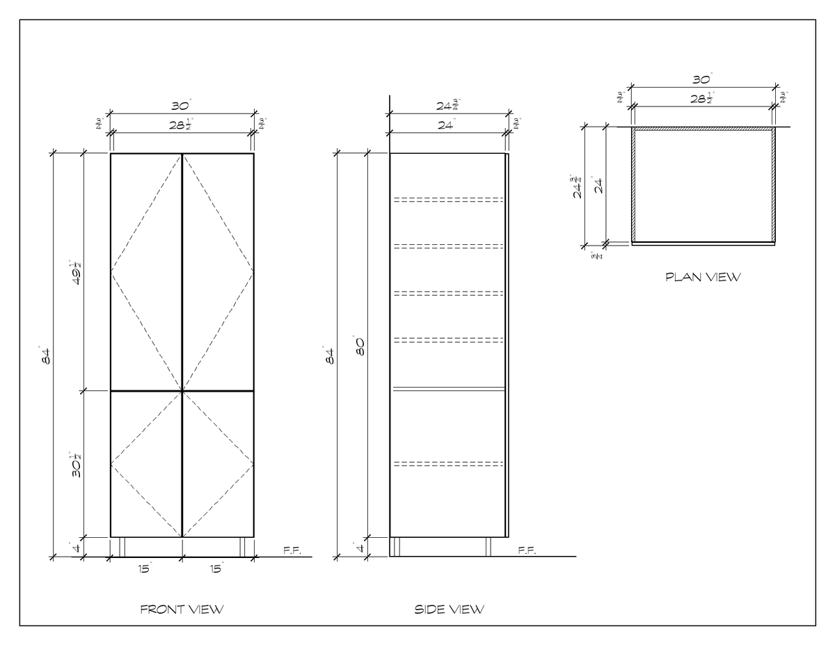 30" x 84" Pantry Cabinet, flat slab, dimension drawing