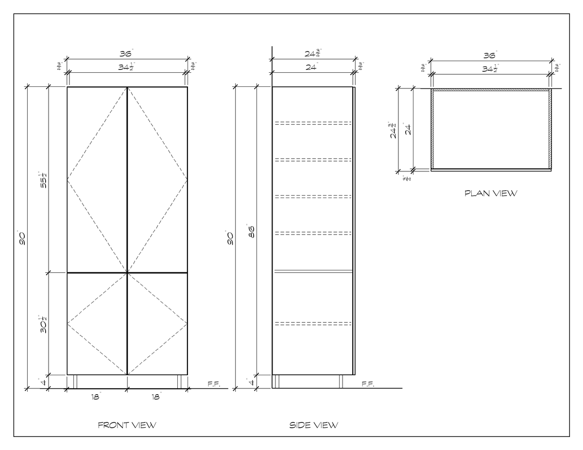 36" x 90" Pantry Cabinet, flat slab, dimension drawing