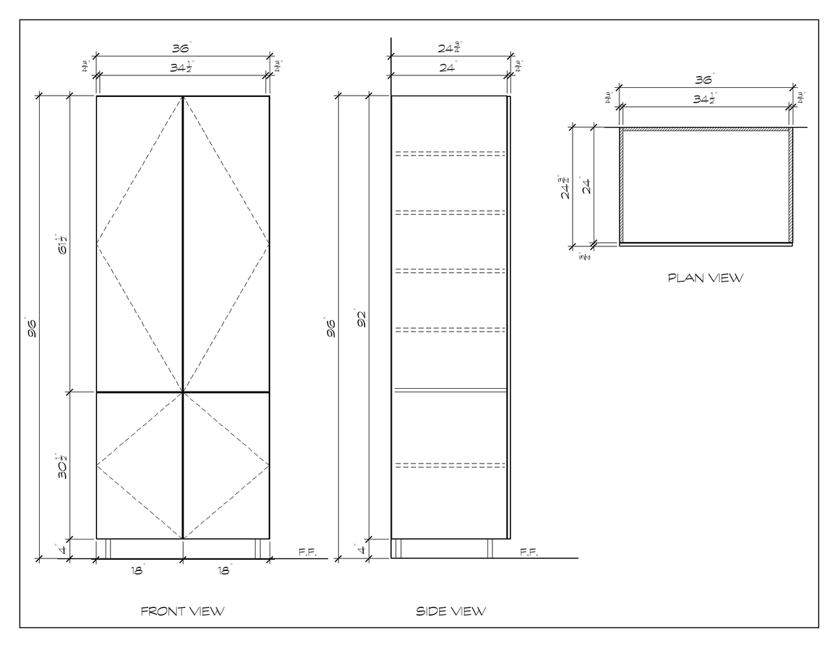 36" x 96" Pantry Cabinet, flat slab, dimension drawing