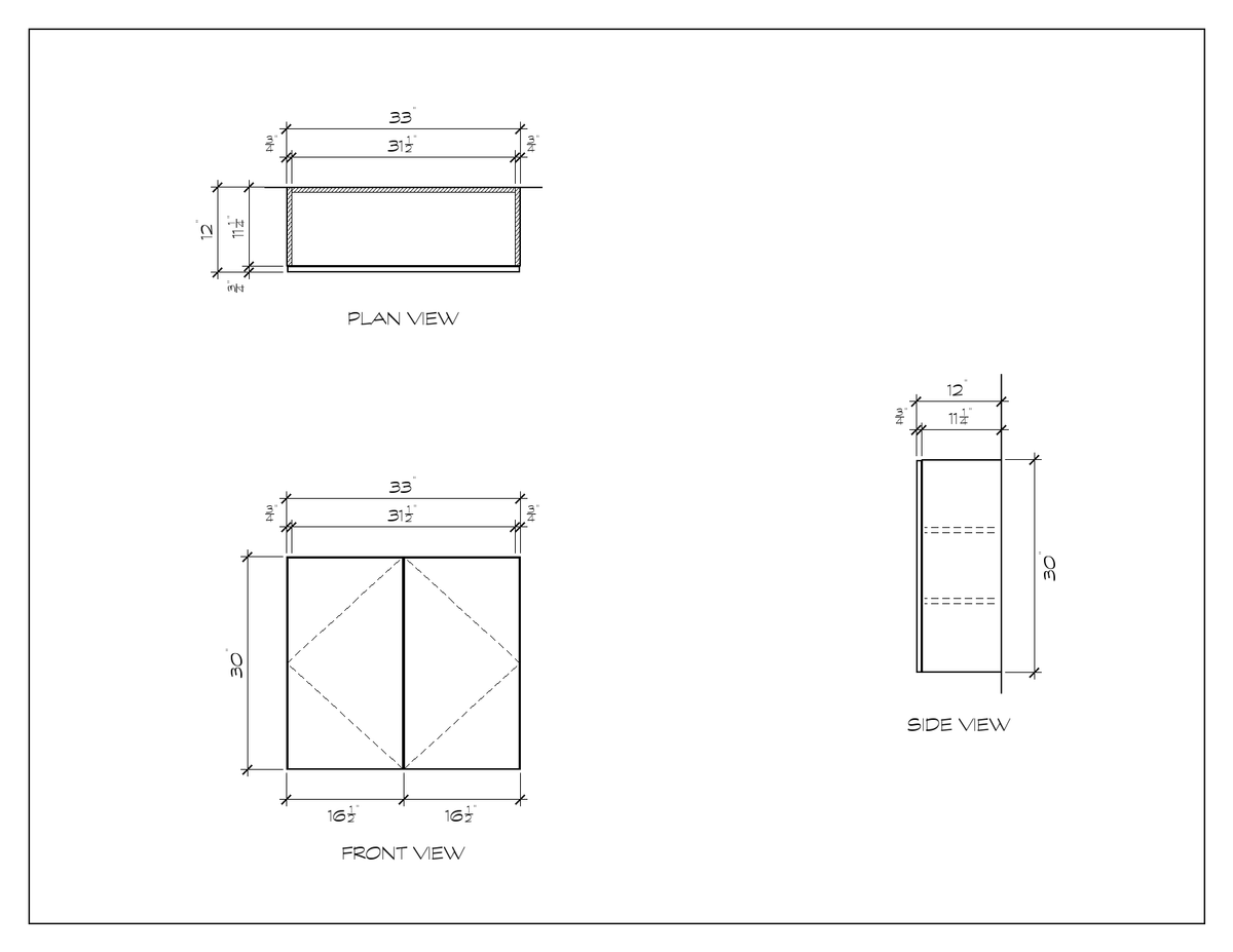 33" x 30" Upper Cabinet, 30" High, flat slab, dimension drawing