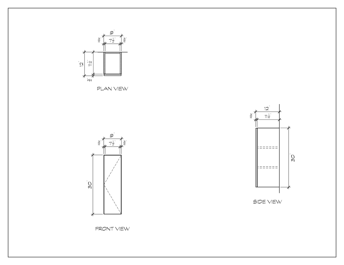 9" x 30" Upper Cabinet, 30" High, flat slab, dimension drawing