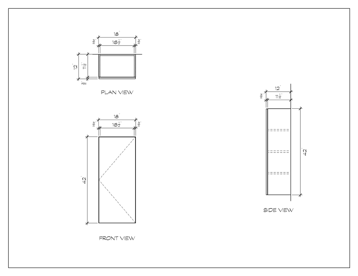 18" x 42" Upper Cabinet, 42" High, flat slab, dimension drawing