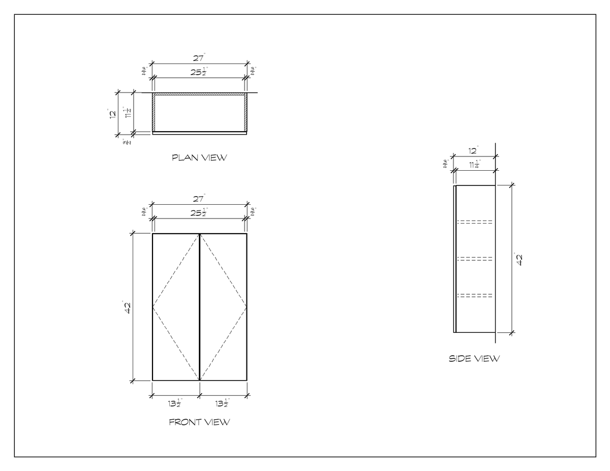 27" x 42" Upper Cabinet, 42" High, flat slab, dimension drawing