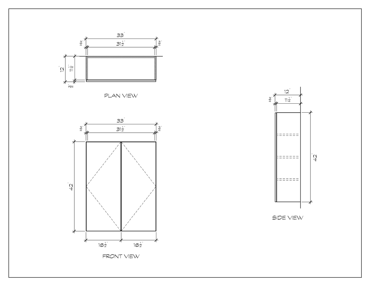 33" x 42" Upper Cabinet, 42" High, flat slab, dimension drawing