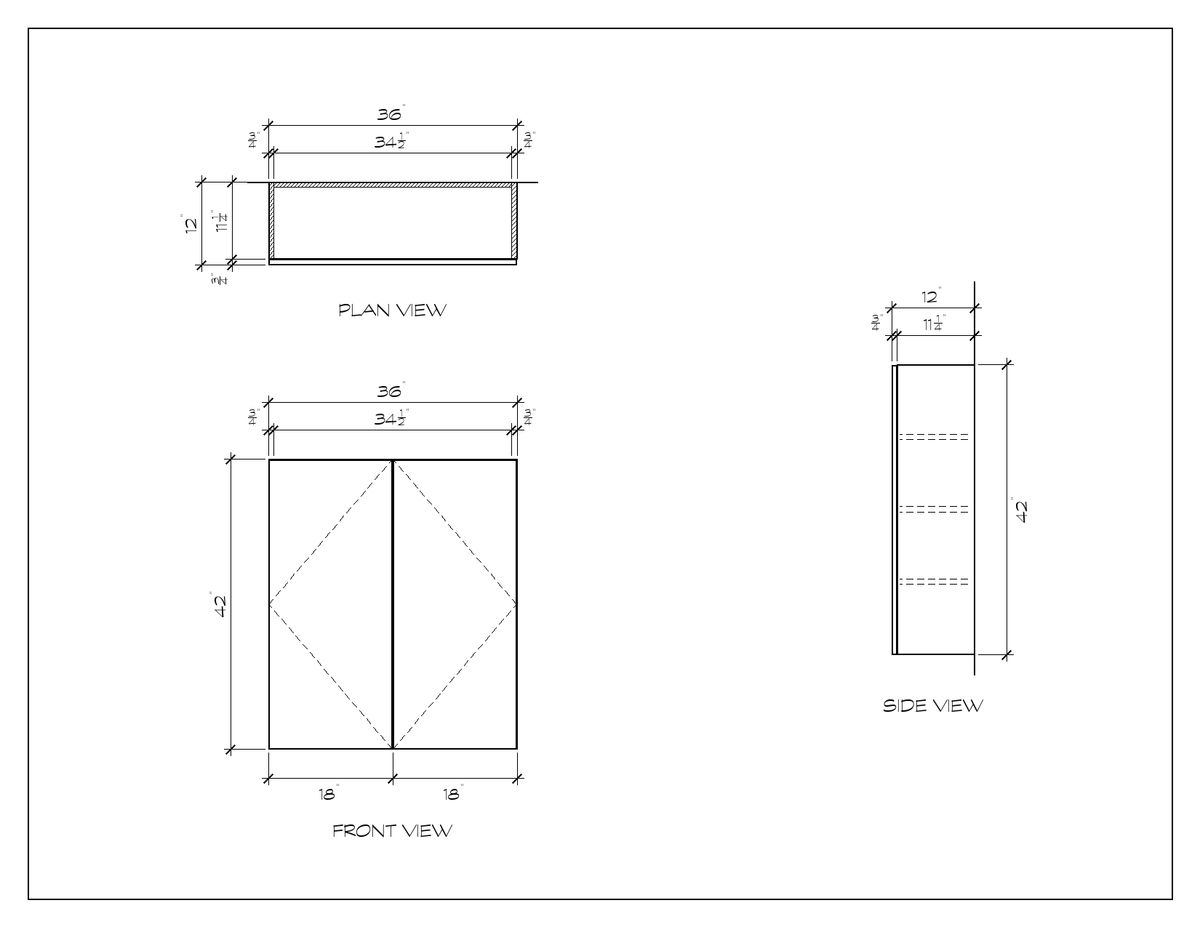 36" x 42" Upper Cabinet, 42" High, flat slab, dimension drawing
