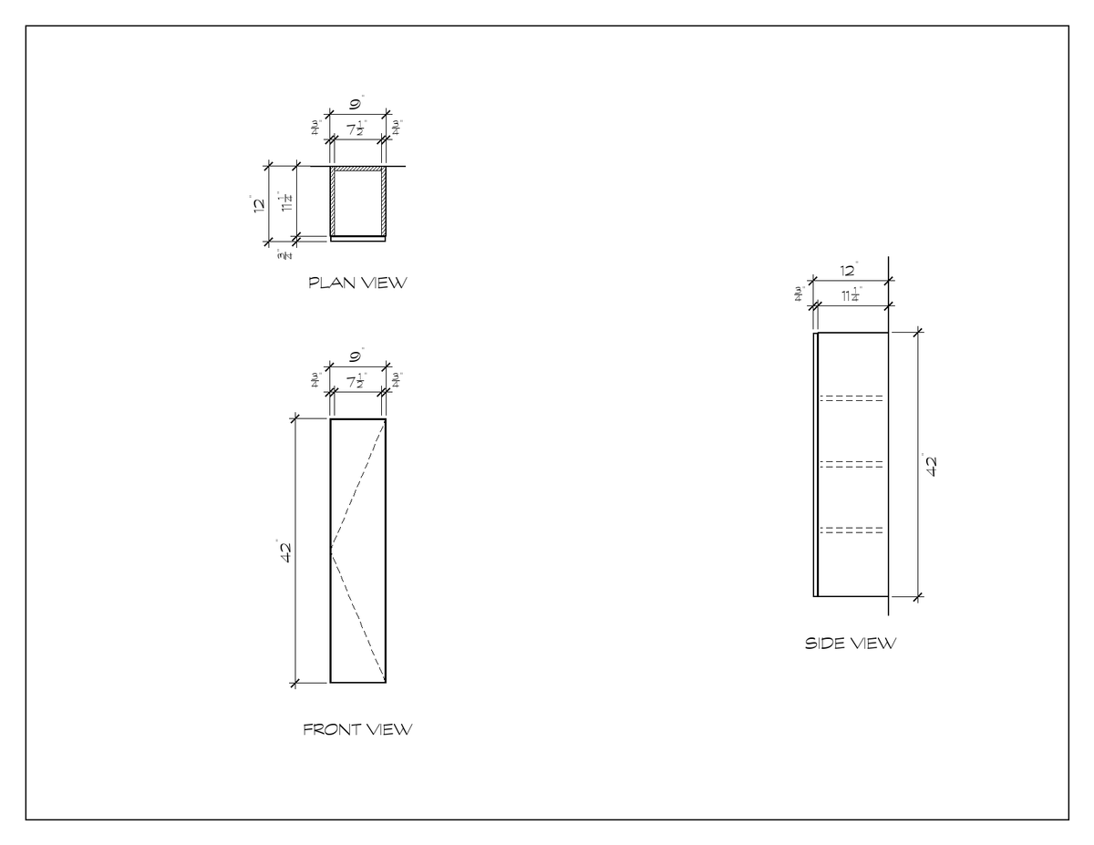 9" x 42" Upper Cabinet, 42" High, flat slab, dimension drawing