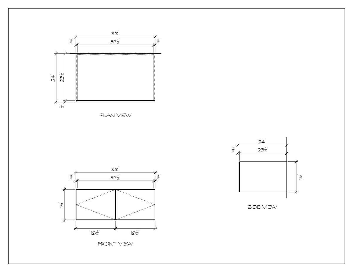 39" x 15" Over-Fridge Upper, flat slab, dimension drawing