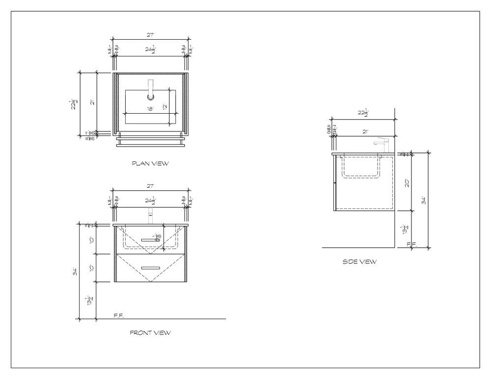 27" floating bathroom vanity, dimension drawing