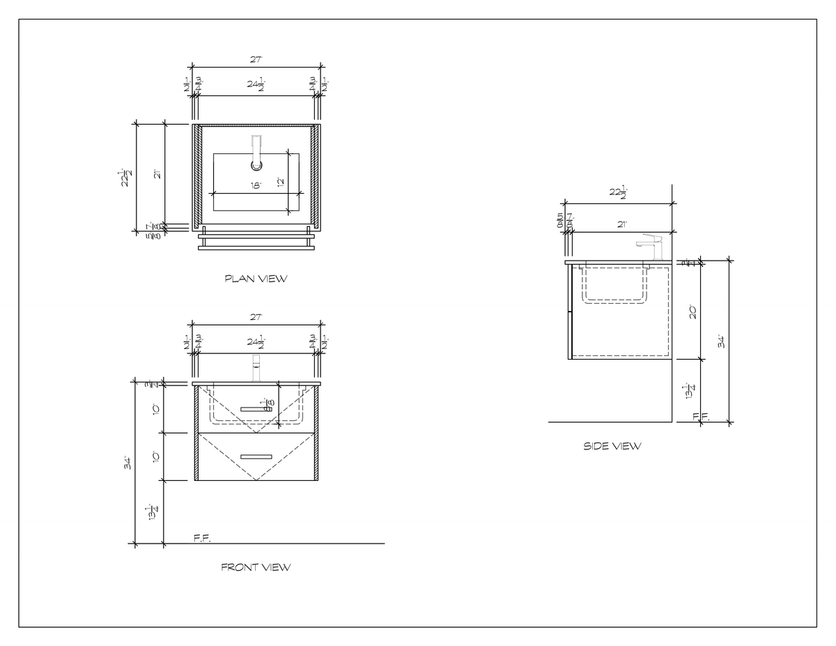 27" floating bathroom vanity, dimension drawing