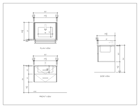 30" floating bathroom vanity, dimension drawing