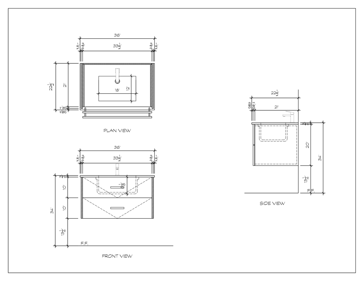 36" floating bathroom vanity, dimension drawing